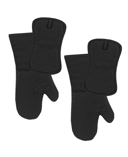 Ribbed Silicone Cotton Twill Potholders Oven Mitts, Set of 4 - Black