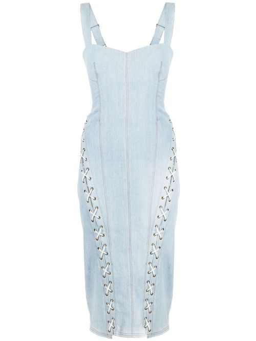 Lace-up washed denim fitted dress - Blue