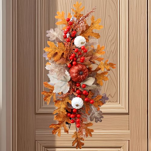 TEMU Rustic Artificial Fall Wreath With Realistic , Red Berries & Mini Pumpkins - No Electricity Home Decor For Autumn Thanksgiving Halloween