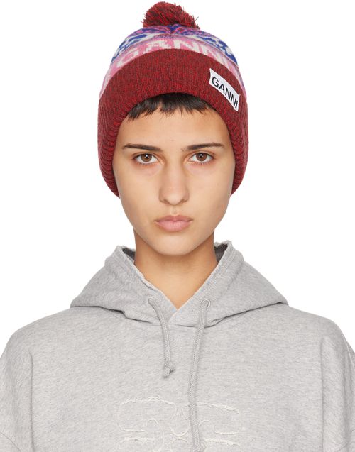 GANNI Red Graphic Wool Beanie