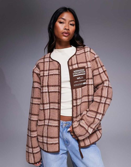 Weekend Collective borg zip through fleece with pink check design-Multi