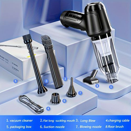 TEMU 1 Set Portable Handheld Vacuum Cleaner, Multi-functional Car Wireless Vacuum Cleaner, 4in1 Suction, Blowing, Charging, Pumping, Rechargeable