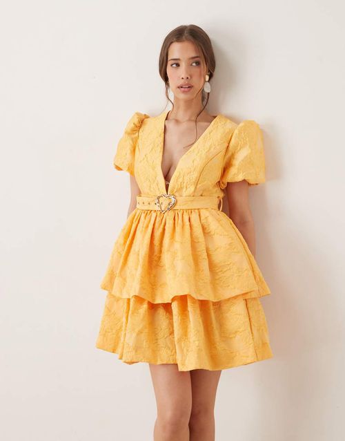 Heart belt jacquard mini dress in ochre-Purple