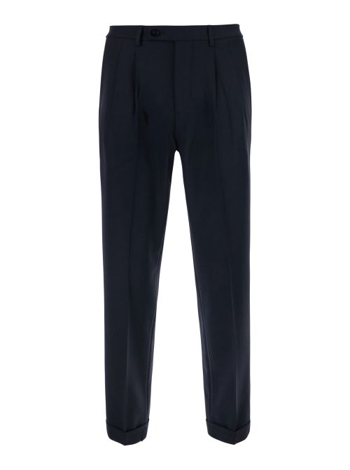 Double Pleated Tech Fabric Wool Trousers — Blue