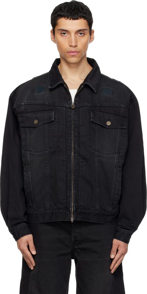 Black Appliqué Biker Crosses Zip Denim Jacket