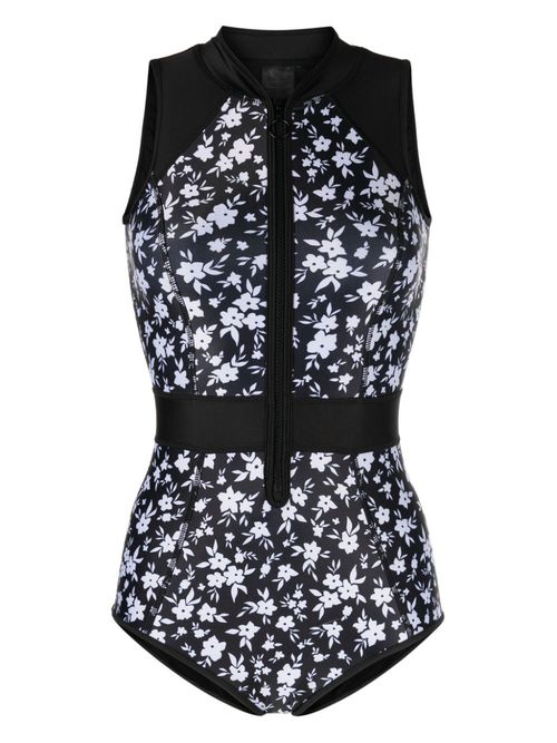 Floral-print zip-up swimsuit - Black