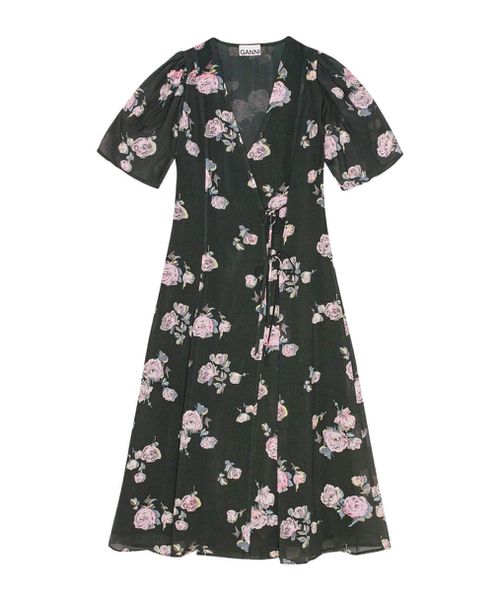 Black Floral Crepe Wrap Midi Dress