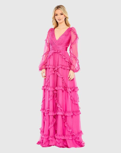 Pink Cascade Ruffle Puff Sleeve A Line Wedding Guest Maxi Gown In Pink