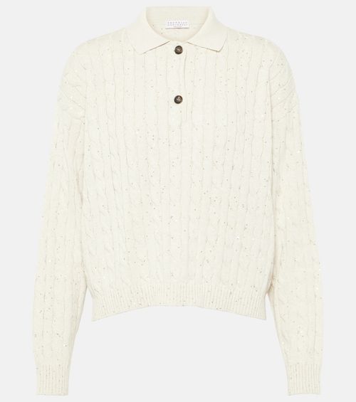 Cable-knit cotton-blend polo sweater