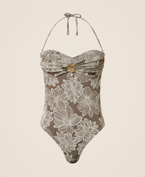 Jacquard one-piece swimsuit with pearl, Coffee Chocolate/Off White Jacquard, Floral