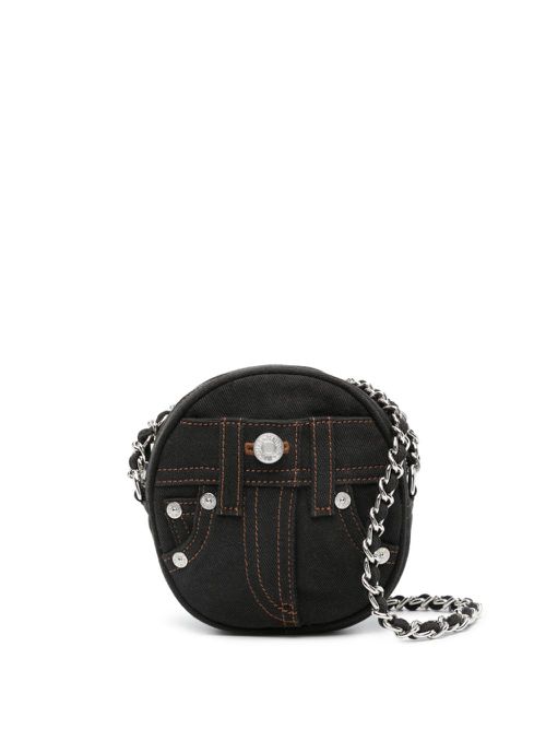 Decorative stitching denim shoulder bag - Black
