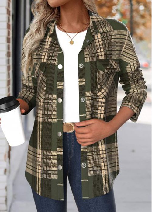 Modlily Green Patchwork Plaid Long Sleeve Turn Down Collar Coat