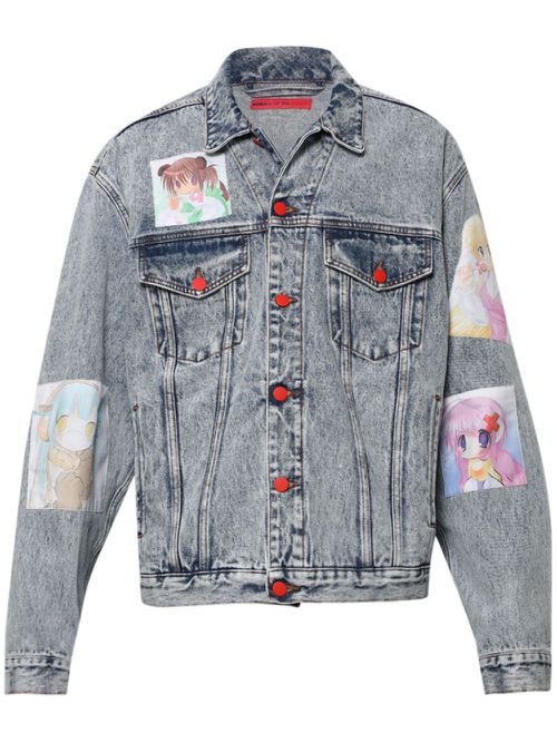 Patch-detail acid-wash denim jacket - Blue