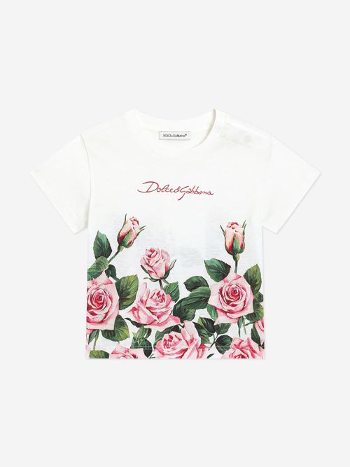 Dolce & Gabbana Baby Girls Rose Print T-Shirt in White 12 - 18 Mths