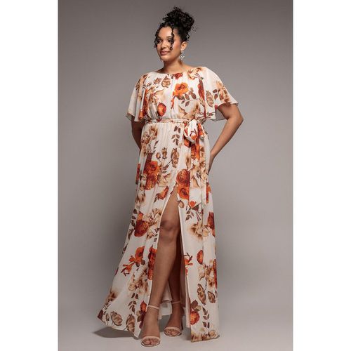 Goddiva Plus Wrap Back Flutter Sleeve Maxi - Beige