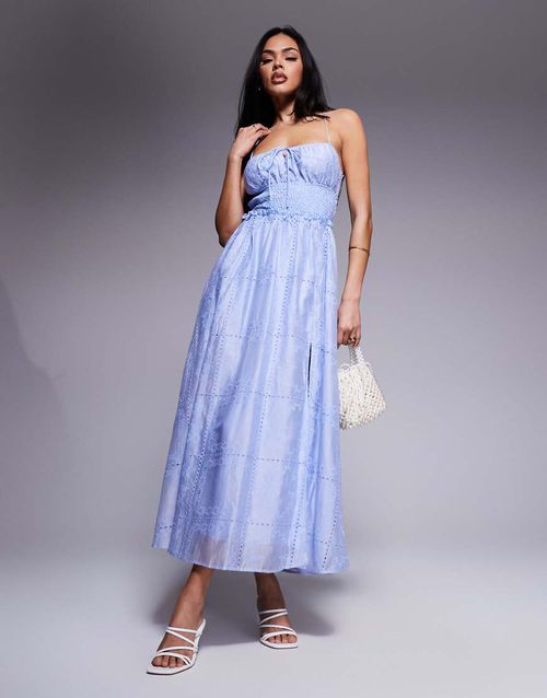 Love Triangle embroidered midaxi dress with shirred waist and lace up back in blue Love Triangle embroidered midaxi dress with shirred waist and lace up back in blue