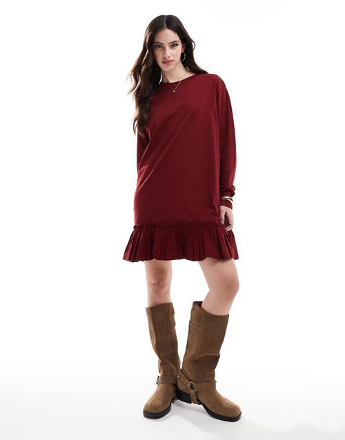 Miss Selfridge long sleeve poplin ruffle detail T-shirt dress in burgundy-White