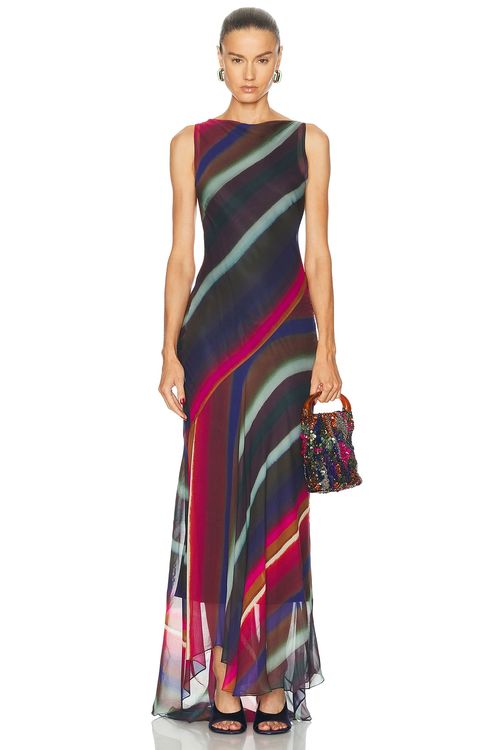 Christopher John Rogers Louie Stripe Cowl Back Bias Maxi Dress in Roux - Purple. 0 also