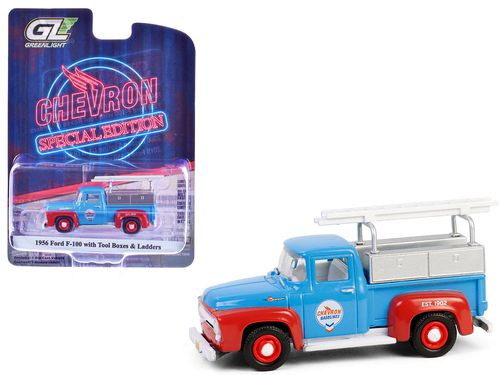 1956 Ford F-100 Pickup Truck with Tool Boxes and Ladders "Chevron" Blue and Red "Chevron Special Edition" Series 1 1/64 Diecast Model Car by 