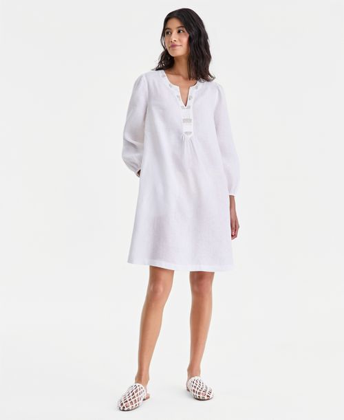 Women's 100% Linen Embellished Split-Neck Dress, Macy's Exclusive - Bright White
