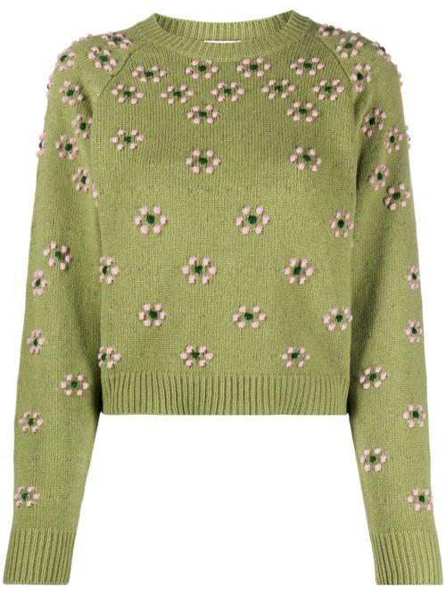 Floral-embroidered wool jumper - Green