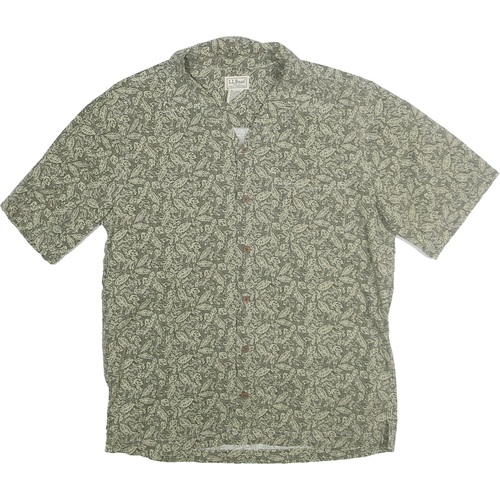 LL BEAN Mens Green & Cream Leaf Print Cotton Shirt S Casual Summer Relaxed Fit