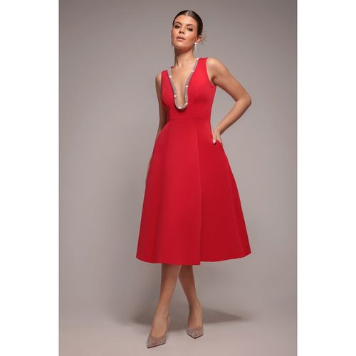 Goddiva Diamante Embellished Neck A-Line Midi Dress - Red
