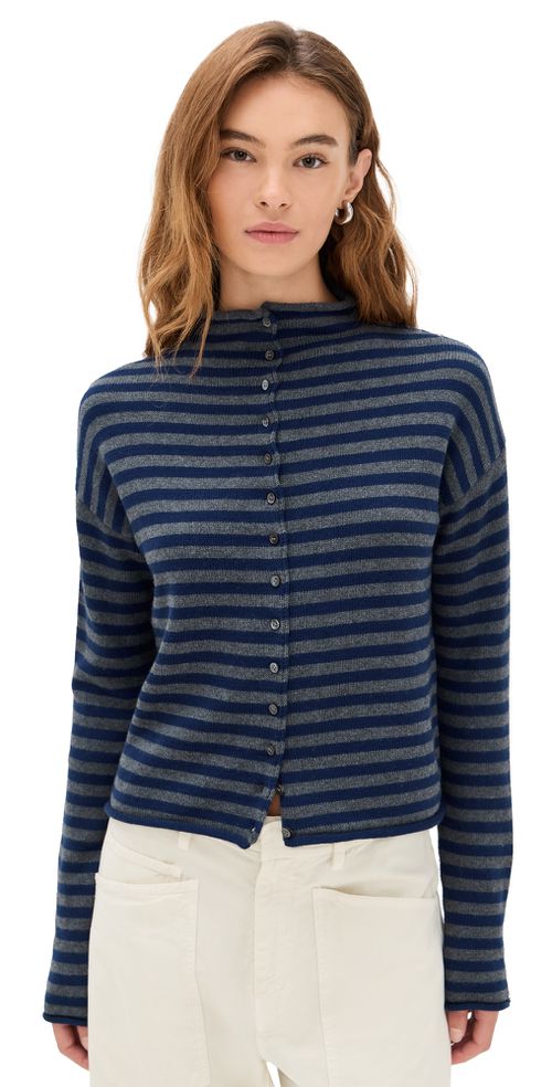 Taylor Cardigan in Stripe Cotton Cashmere Blend Navy/Oxford