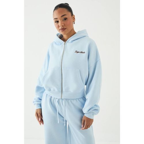 DSGN Studio Women's Script Embroidered Boxy Crop Zip Through Hoodie in Light Blue
