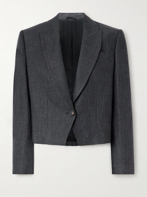 Cropped Herringbone Linen Blazer - Black