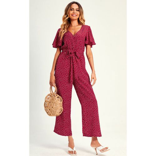 Polka Dot Angel Sleeve  Culotte Jumpsuit In Red