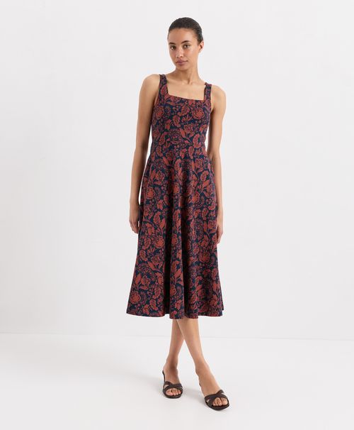 Women's Navy Blooming Vines Fit & Flare Square Neck Dre