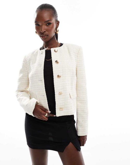Crop boucle trophy jacket in cream-White