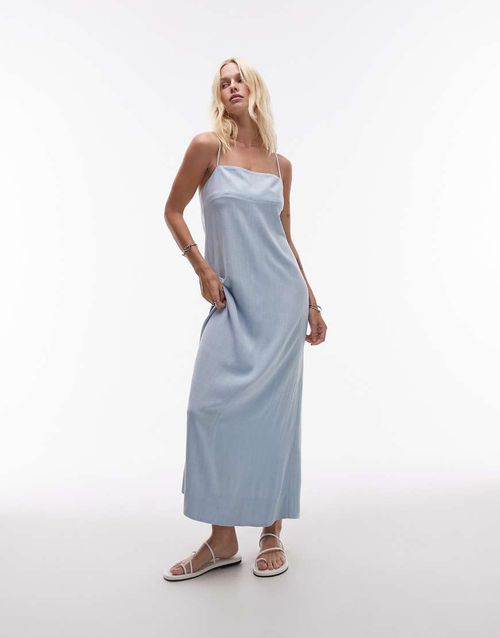Linen cami strap midi dress in pale blue-pink