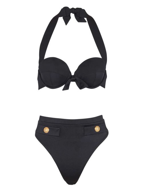 Embossed-Button Bikini — Black