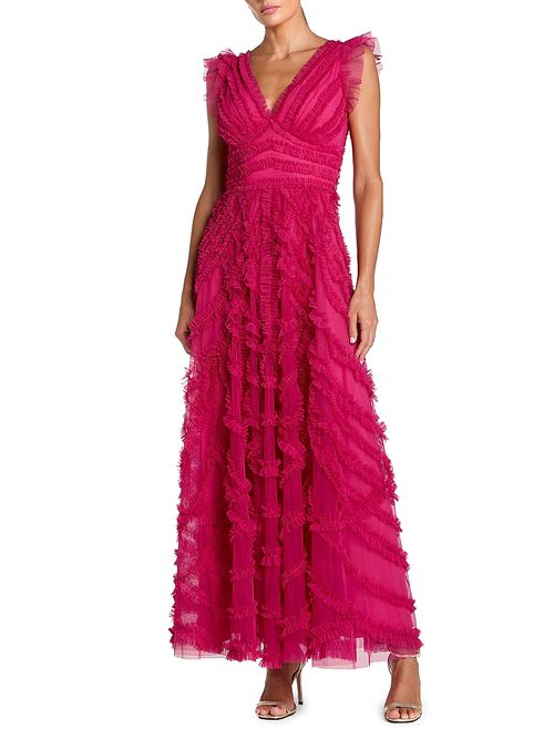 Women's Ruffled Mesh Midi-Dress - Fuchsia