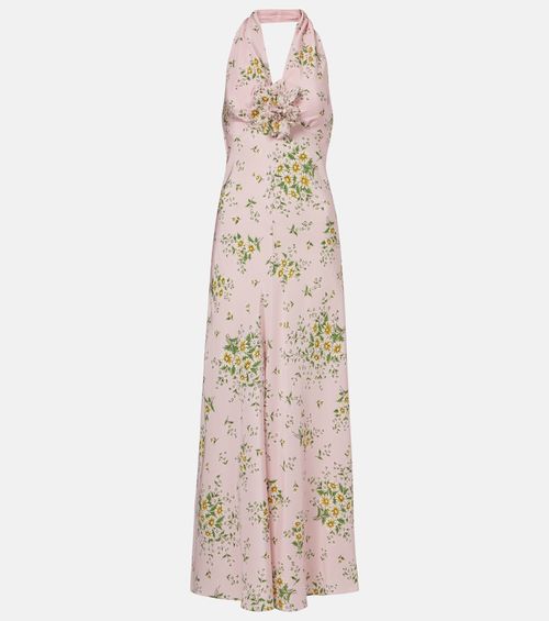 Floral-appliqué floral silk crêpe gown