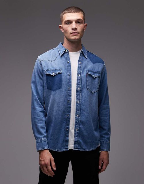 Classic western contrast denim shirt in mid wash-Blue