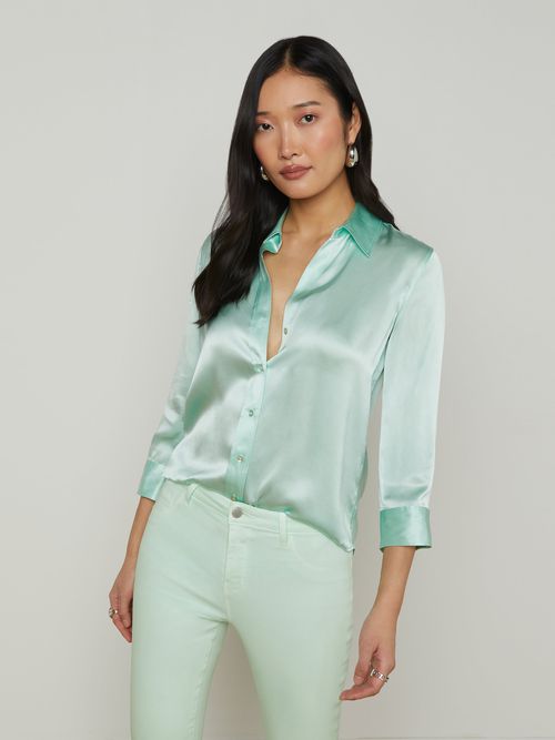 L'AGENCE Dani Silk Blouse Top In Pale Jade