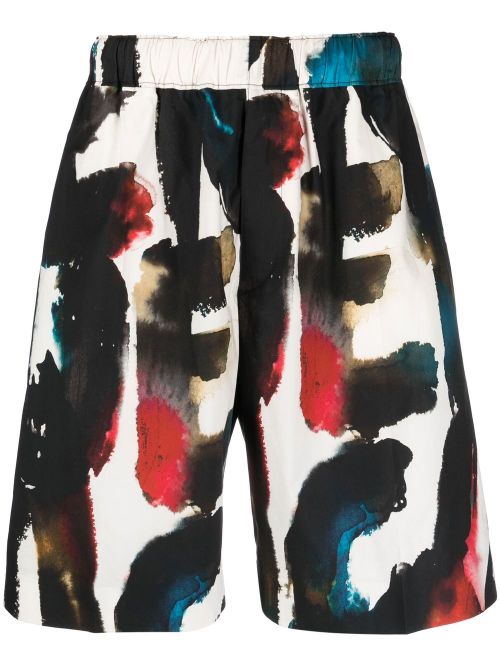 Abstract Paint-Splatter Print Shorts — Cream