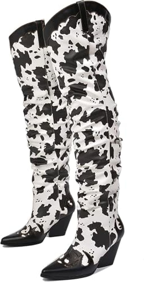 YOKI Cowgirl Boots Women, Over the Knee Western Cowboy Boots for Women with Chunky Block Heels (Black, US Footwear
