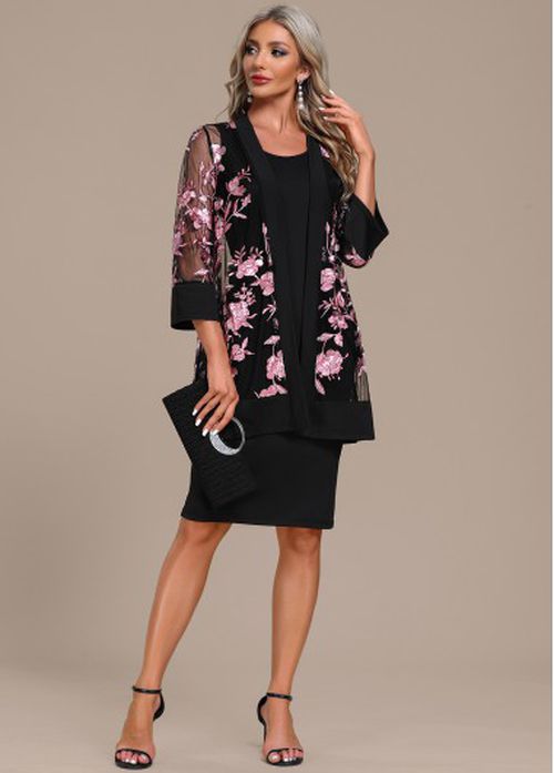 Modlily Embroidery Black Two Piece Shift Dress and Cardigan