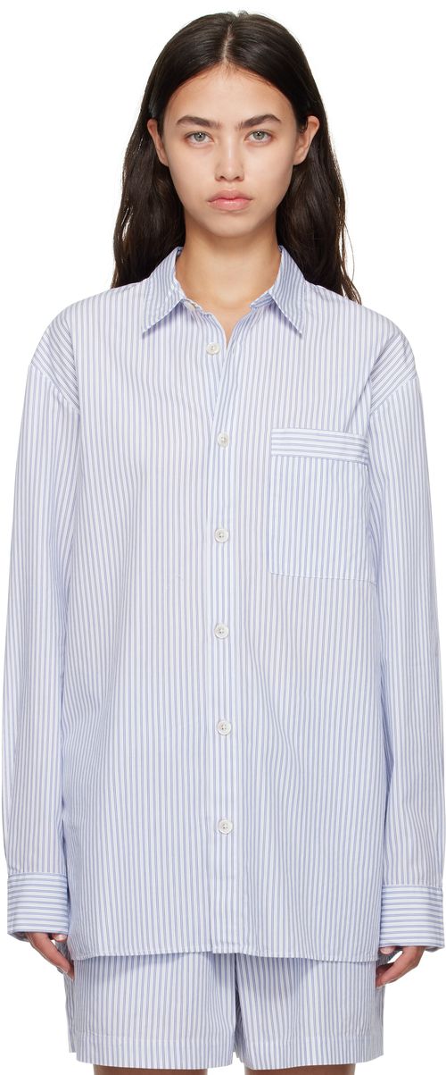 White & Blue Poplin Long-Sleeved Pyjama Shirt