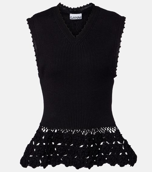 Crochet-trimmed ribbed cotton-blend top
