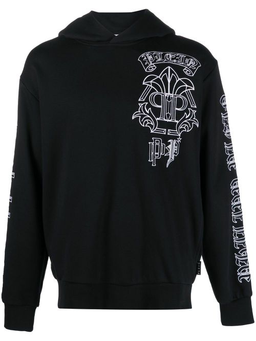Skull-print logo-embroidered hoodie - Black