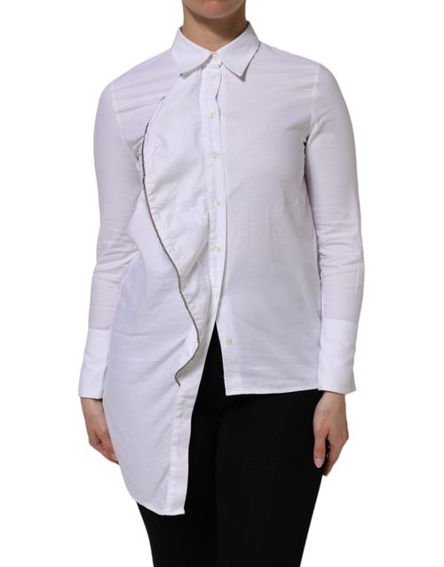 AGLINI White Cotton Collared Long Sleeves Ruffle Top Women's Shirt