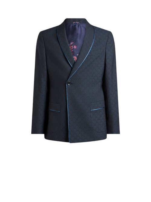 Single-breasted Wool Jacquard Jacket With Shawl Collar And Micro Palm Motif