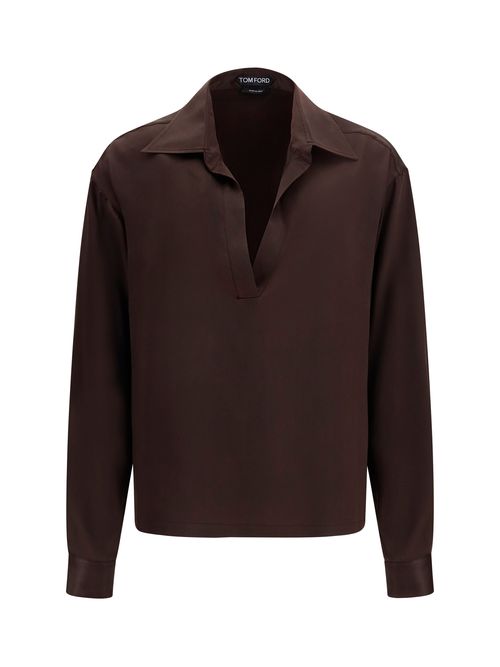Deep V-Neck Silk Shirt — Brown