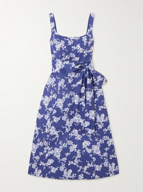 Belted Floral-print Faille Midi Dress - Blue