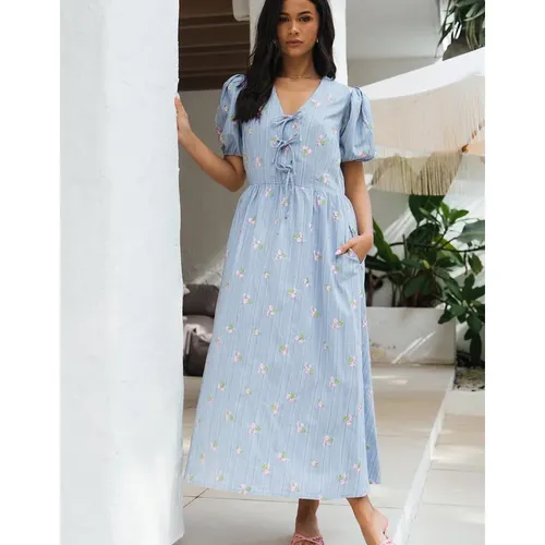 Gini London Women's Blue Cotton Mix Tie Detail Puff Sleeves Midi Dre
